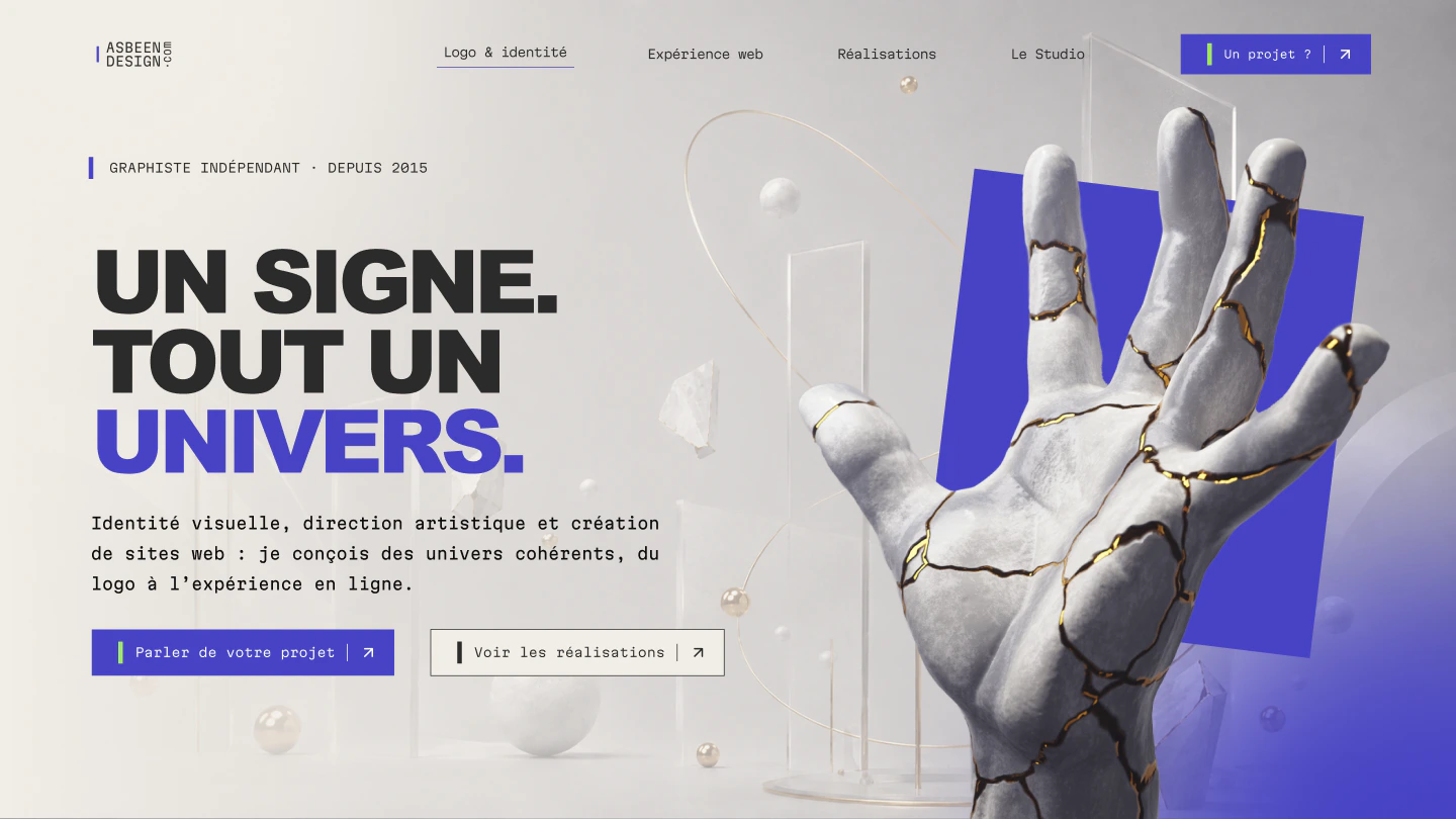 Accueil AsbeenDesign reliant identité visuelle et expérience web.